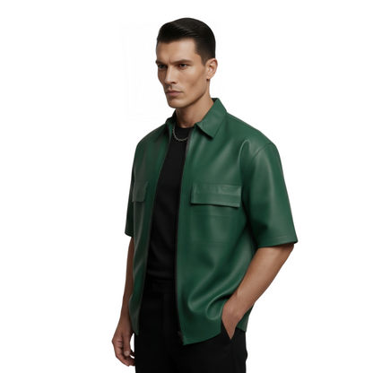 Green Short Sleeve Leather Overshirt Sale 