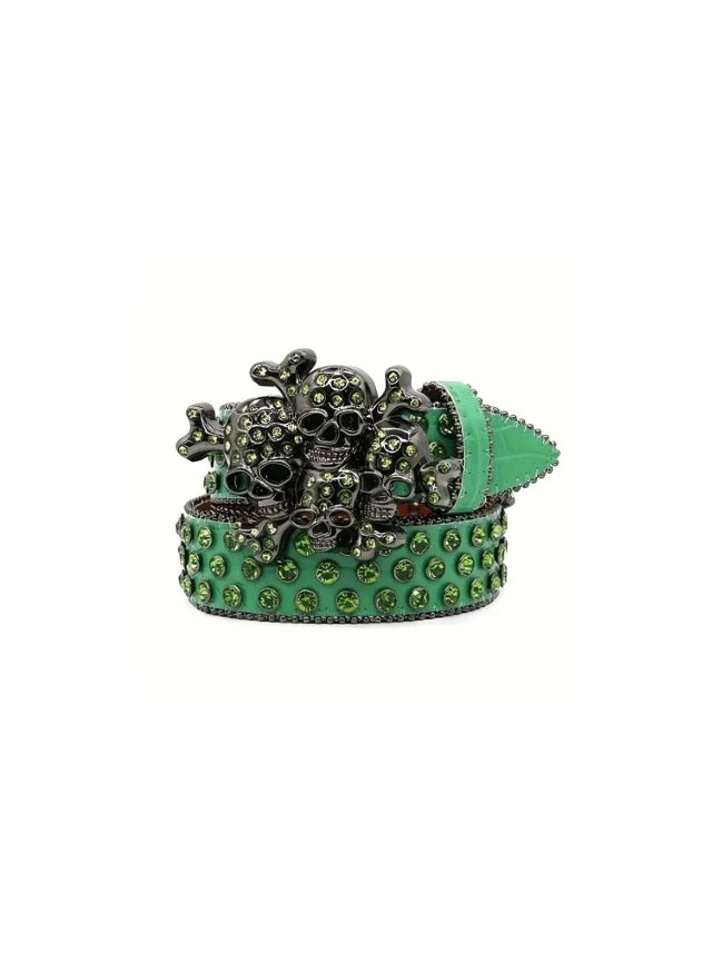 Green belt with skull and crossbones design on a white background
