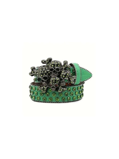 Green belt with skull and crossbones design on a white background
