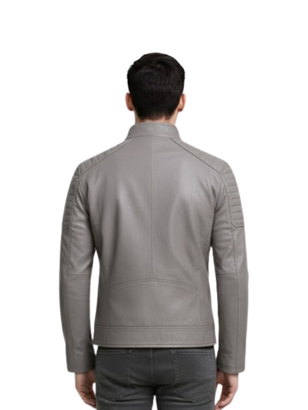Man wearing a gray leather jacket on a white background