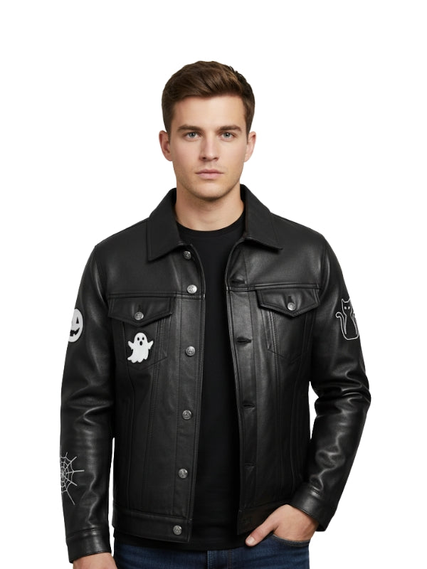 Man wearing a black leather jacket with ghost and spider web designs on sleeves against a white background