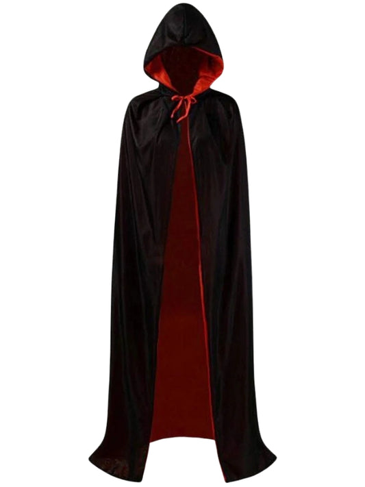 Black hooded cloak with red interior on a white background