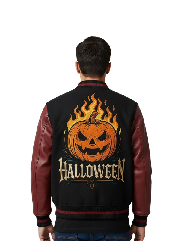 Black and red jacket with a pumpkin and 'Halloween' design on the back, worn by a person.