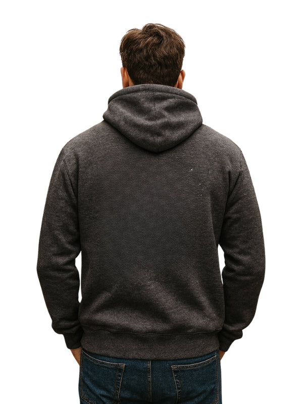 Person wearing a dark gray hoodie from behind on a white background