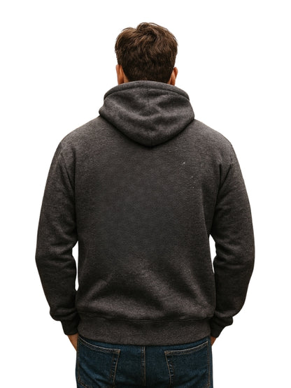 Person wearing a dark gray hoodie from behind on a white background