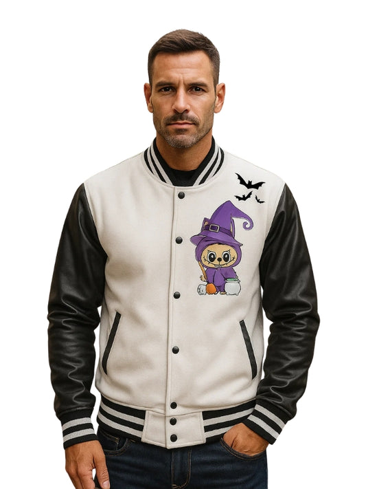 Man wearing a white varsity jacket with black leather sleeves featuring a cartoon character and design elements.