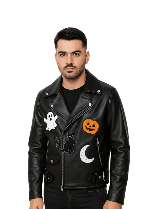 Man wearing a black leather jacket with Halloween-themed patches on a white background