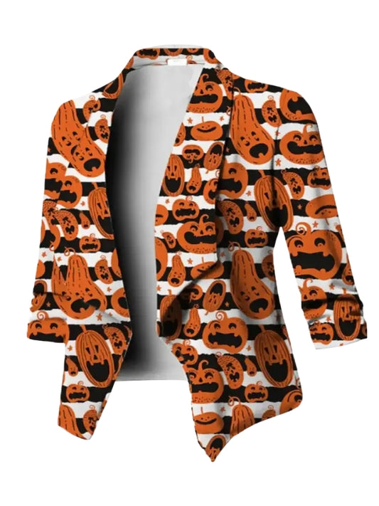 Cardigan with Halloween-themed pumpkin pattern on a white background