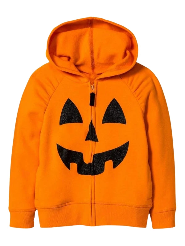 Orange hoodie with a black jack-o'-lantern face design on a white background