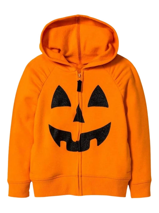 Orange hoodie with a black jack-o'-lantern face design on a white background