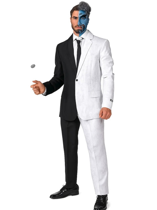 Man wearing a black and white suit with a face painted in blue and gray.
