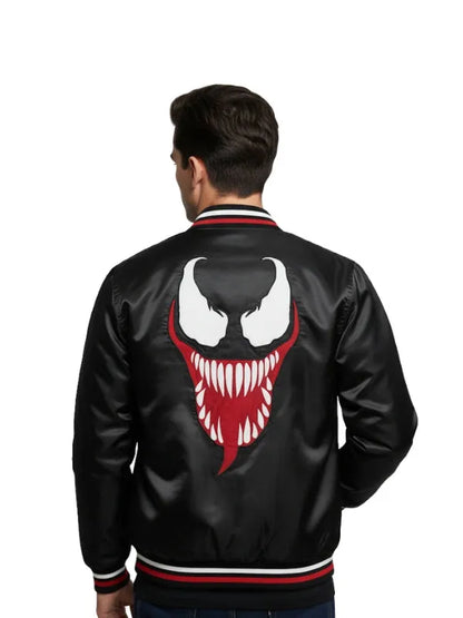 Venom black satin varsity bomber jacket inspired by Halloween style