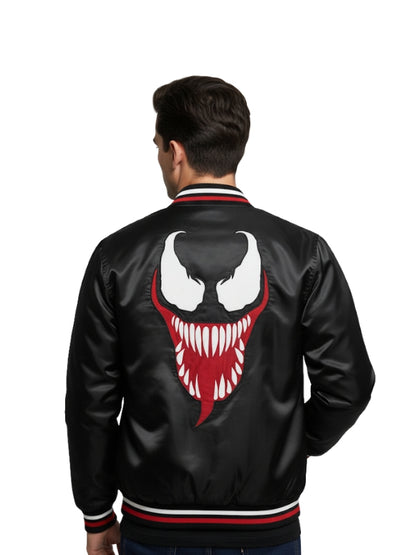 Black jacket with a red and white logo on the back, worn by a person against a white background