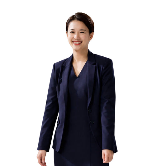Woman wearing a navy blue suit on a white background