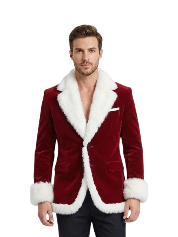 Man wearing a red velvet blazer with white fur trim on a white background