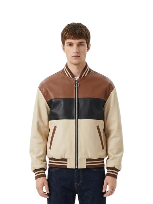 Handmade Two-Tone Cowhide Leather Bomber Jacket