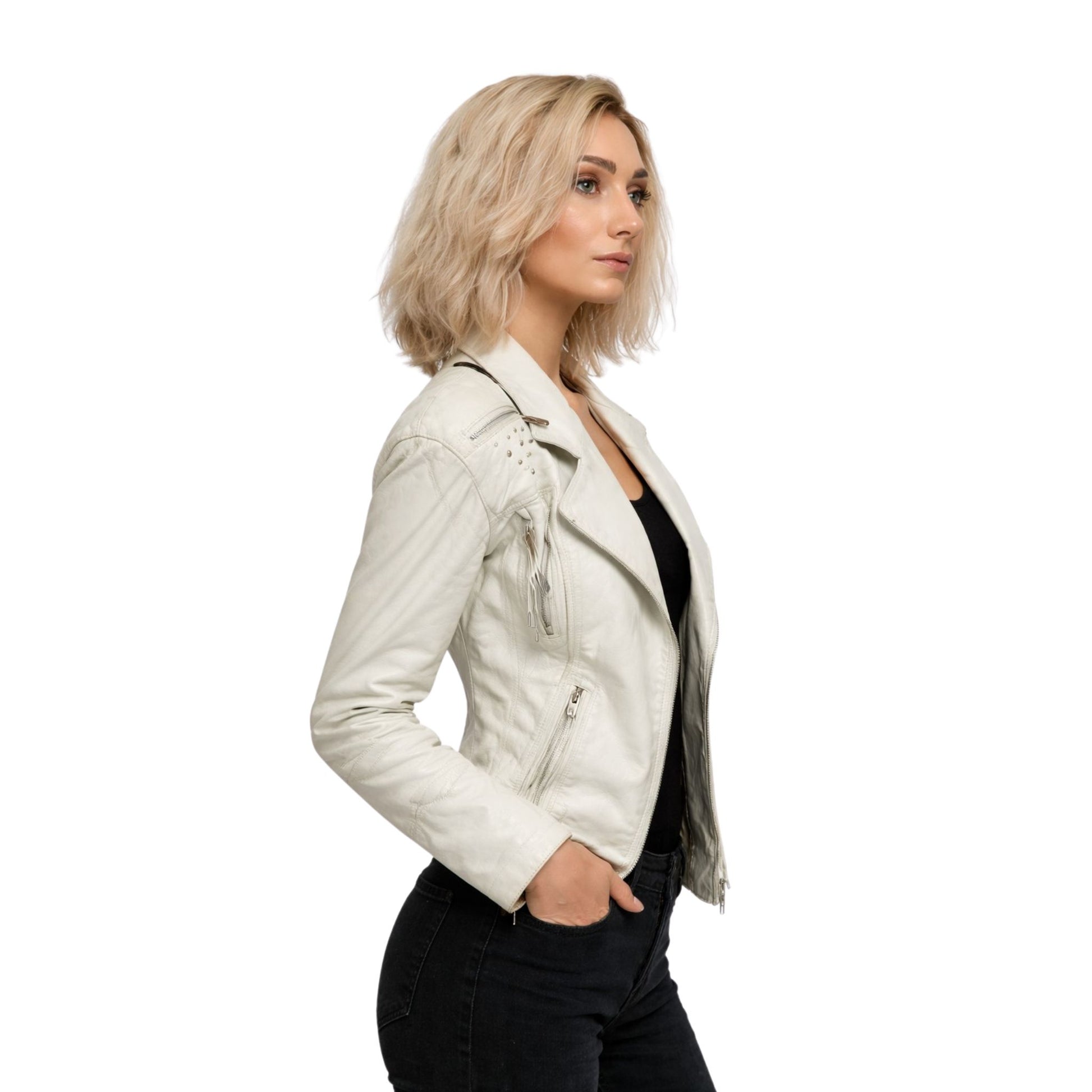 Woman wearing a white leather jacket on a white background