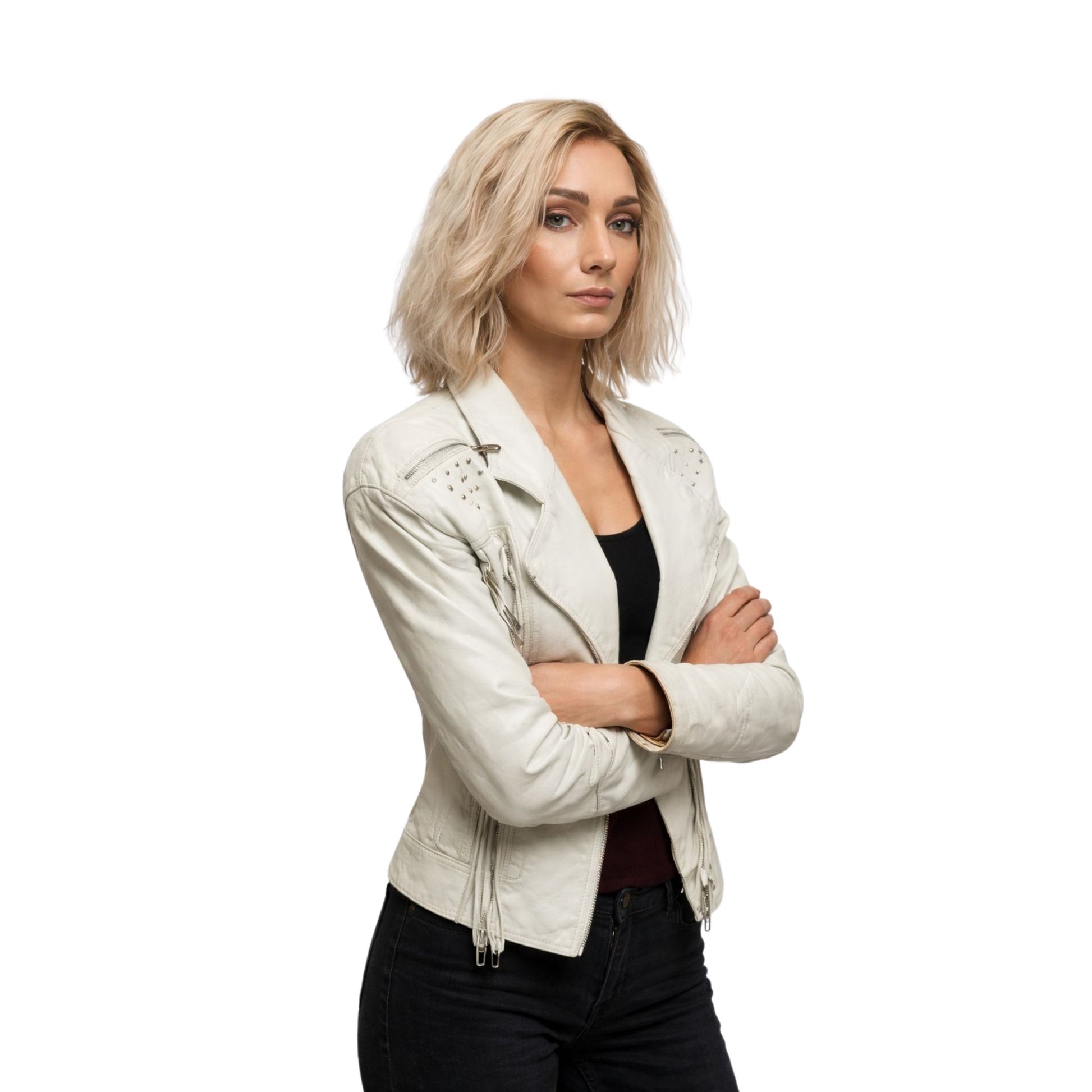 Woman wearing a white leather jacket on a white background