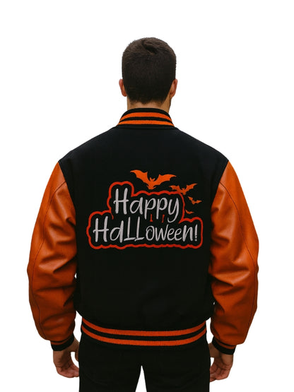 Person wearing a black and orange Halloween-themed jacket with 'Happy Halloween!' text.