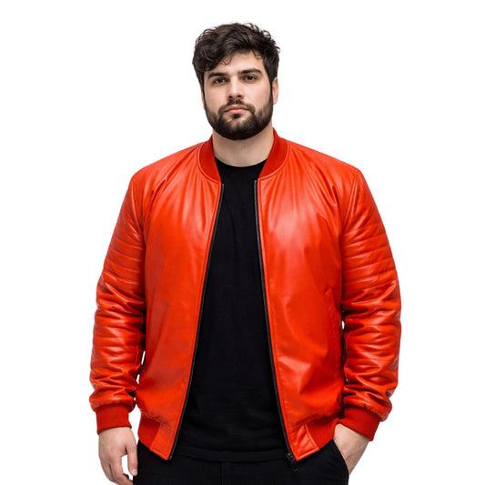 Man wearing a red leather jacket on a white background