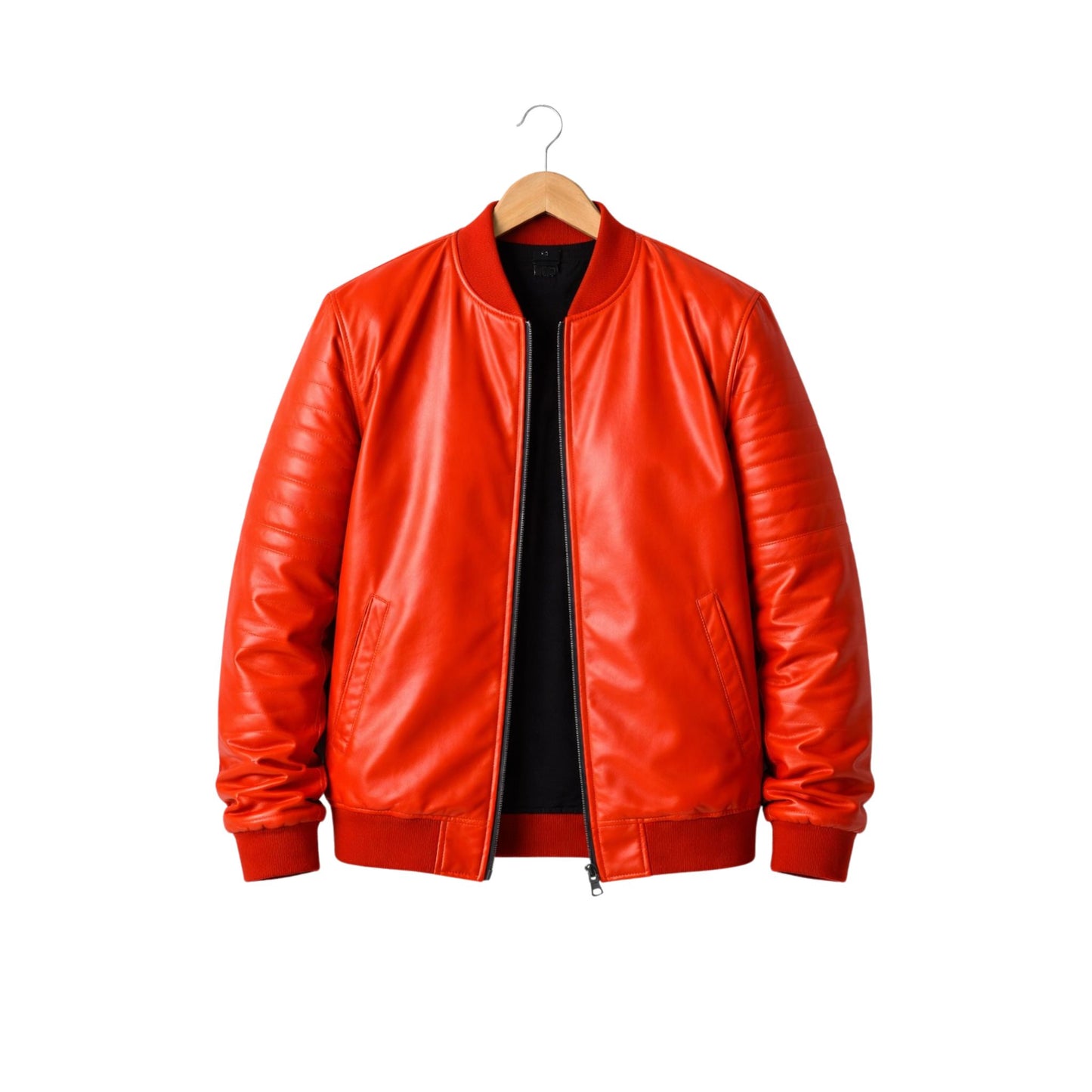 Red leather jacket on a wooden hanger against a white background