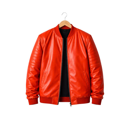 Red leather jacket on a wooden hanger against a white background