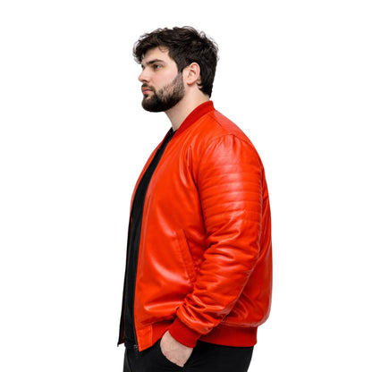 Man wearing a red leather jacket on a white background