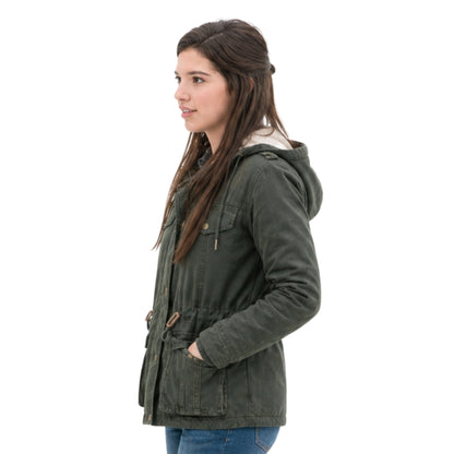 Woman wearing a green hooded jacket on a white background