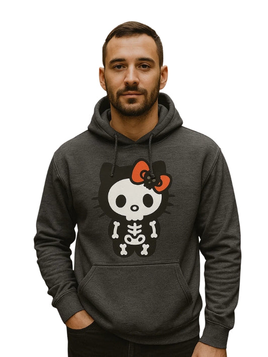 Man wearing a dark gray hoodie with a skeleton Hello Kitty design on a white background