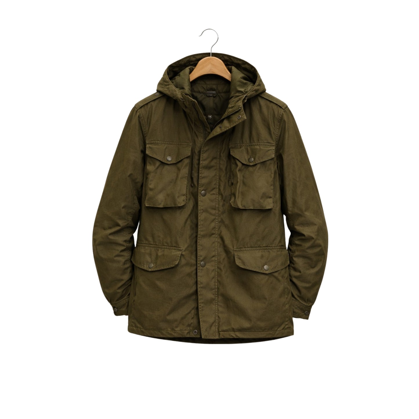 Green jacket with a hood on a hanger against a white background