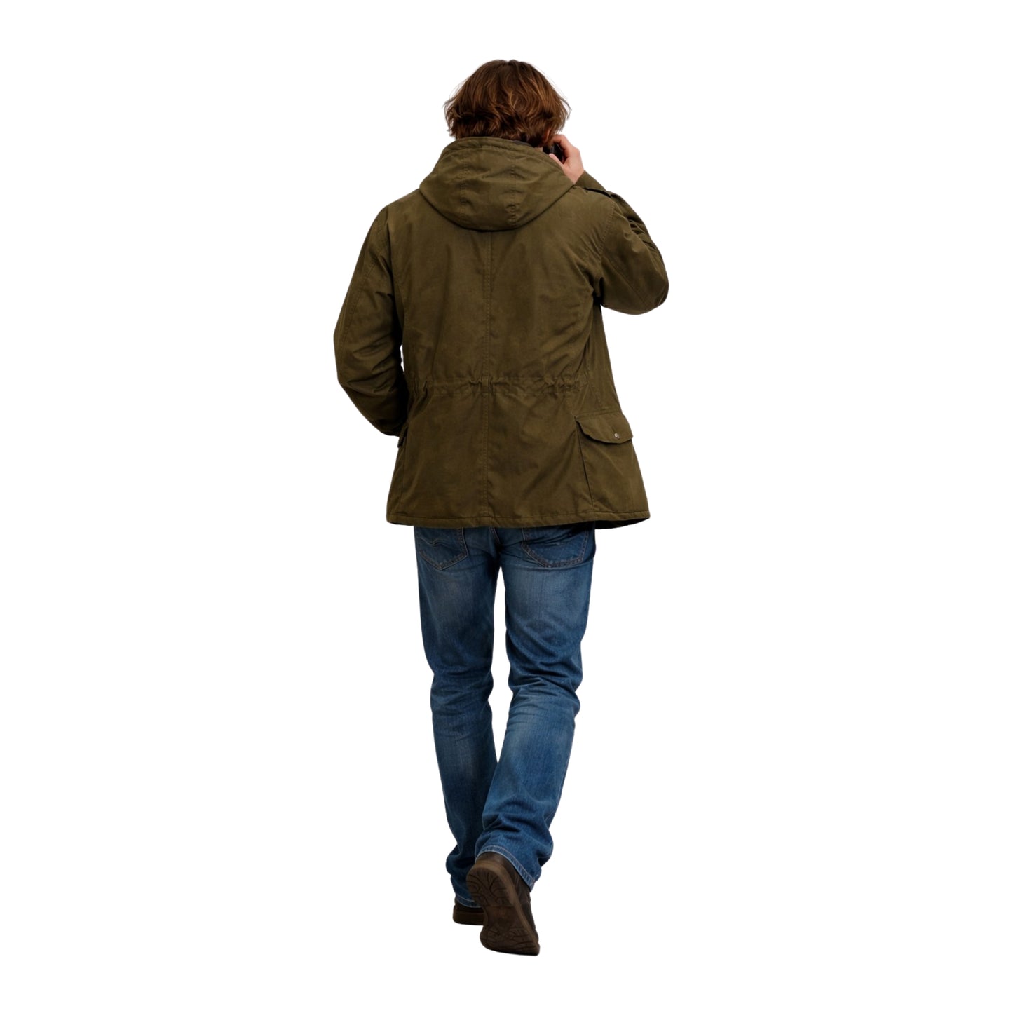 Person wearing a green jacket and blue jeans on a white background