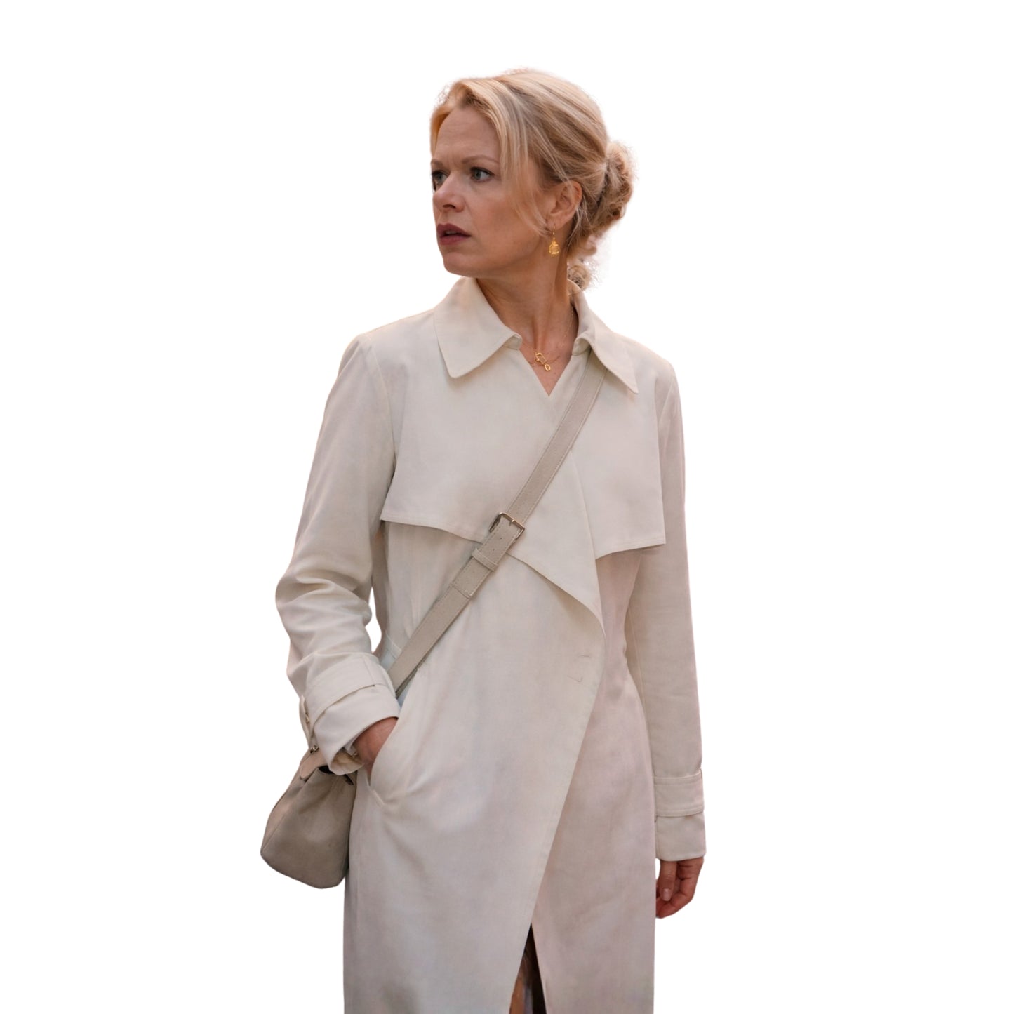 Woman wearing a beige trench coat on a white background