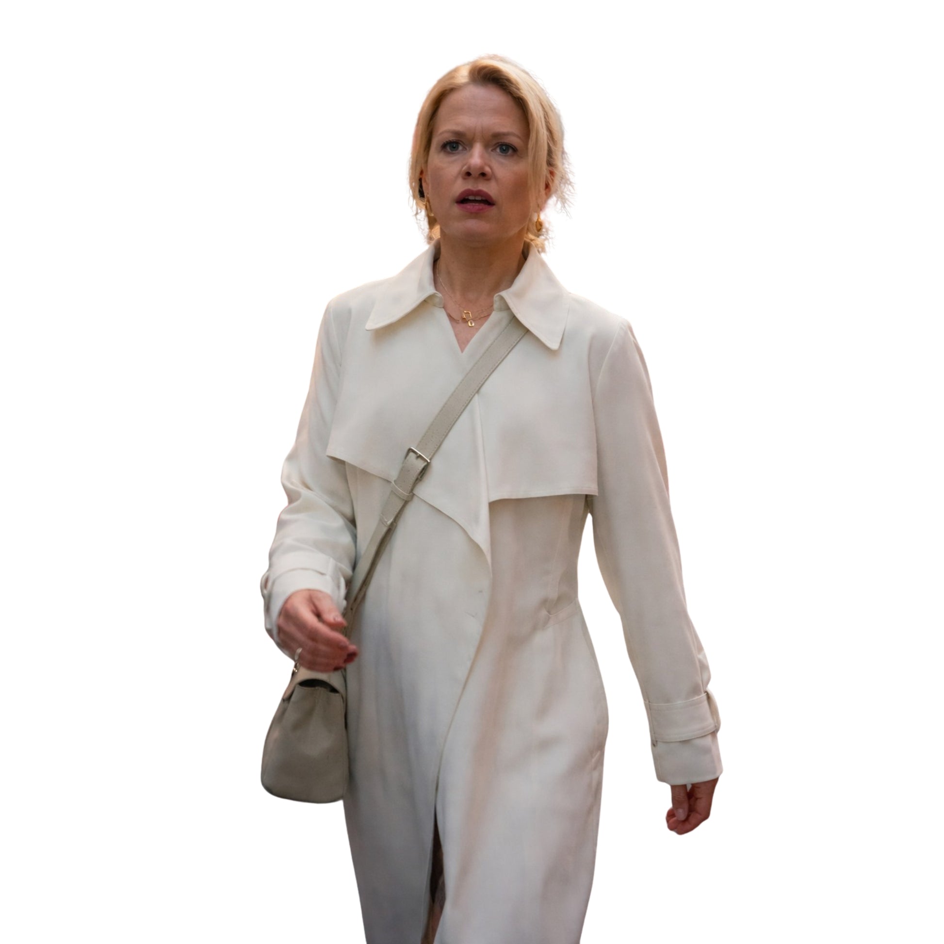 Woman wearing a light-colored trench coat with a white background