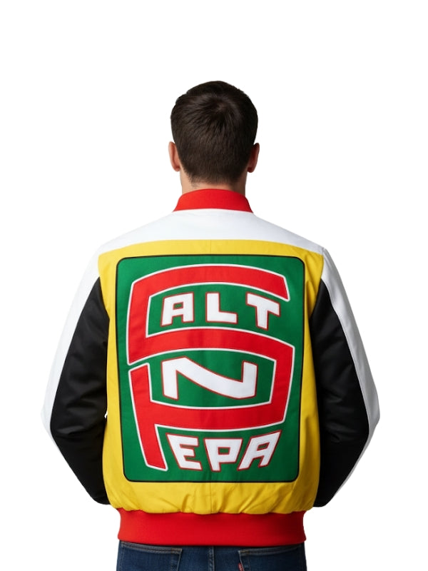 Person wearing a colorful jacket with a logo on the back against a white background