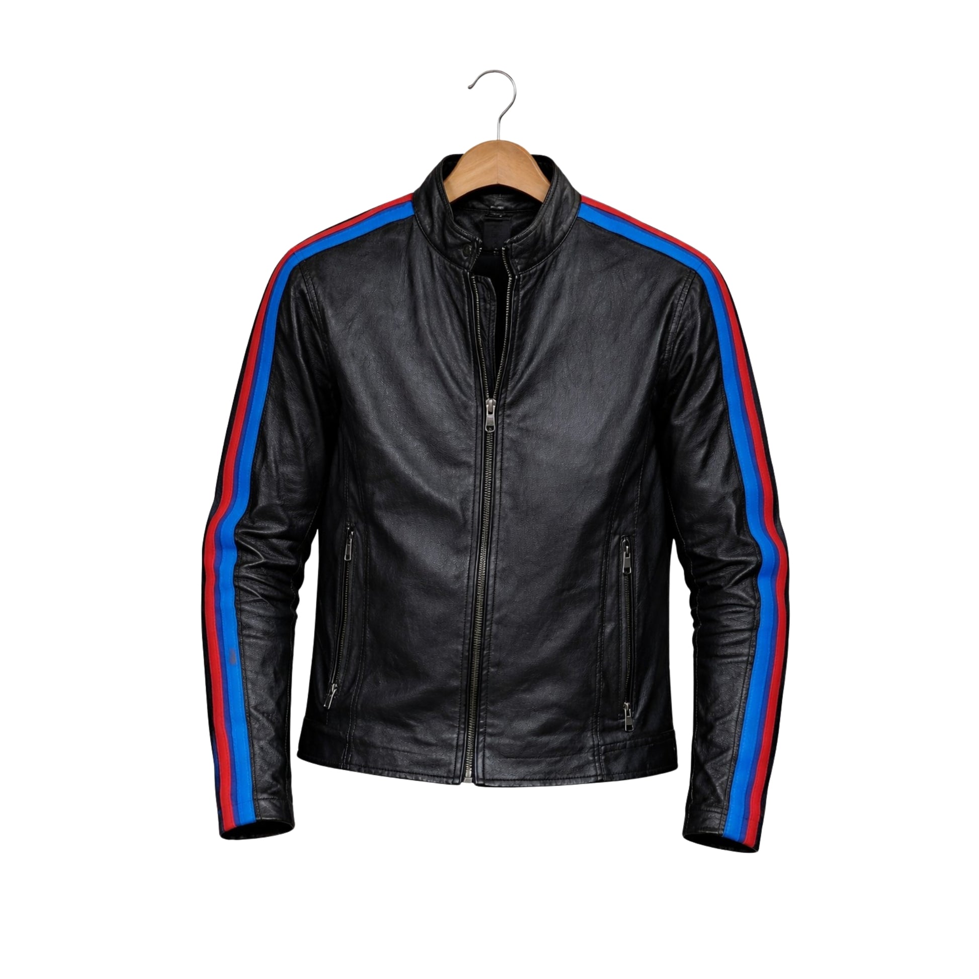 Black leather jacket with red and blue stripes on a hanger against a white background