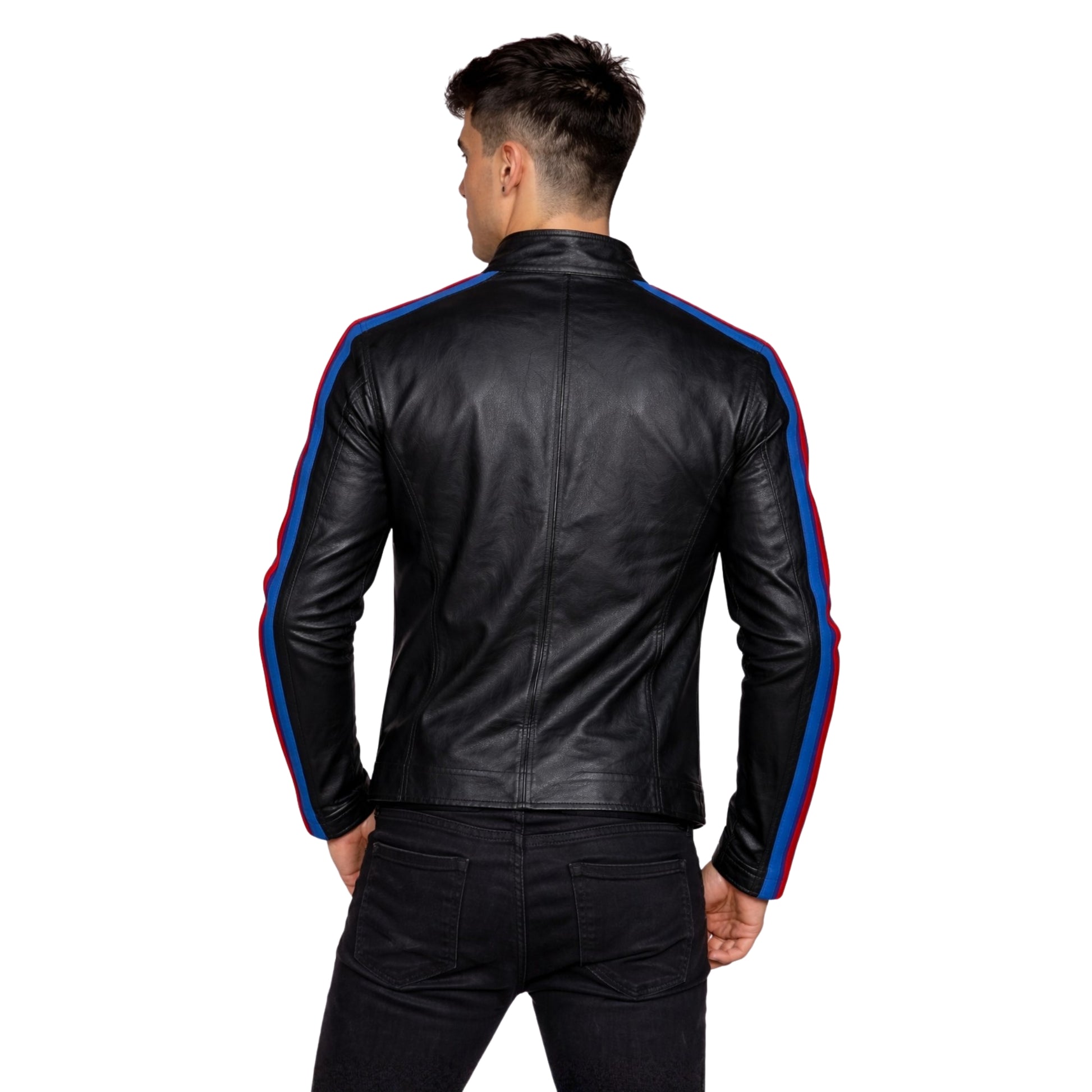 Black leather jacket with blue and red stripes on sleeves worn by a person on a white background
