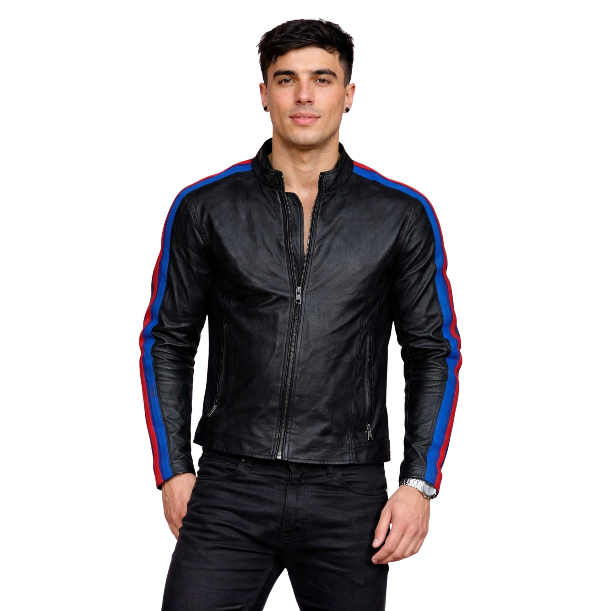 Man wearing a black leather jacket with red and blue stripes on a white background