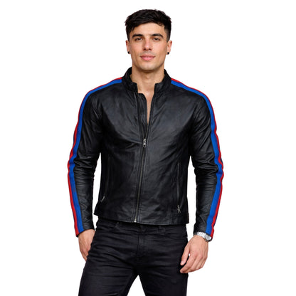 Man wearing a black leather jacket with red and blue stripes on a white background