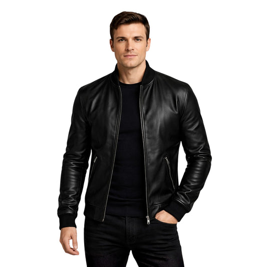 Man wearing a black leather jacket on a white background