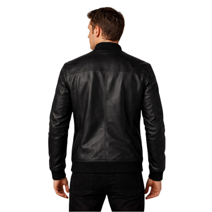 Man wearing a black leather jacket on a white background