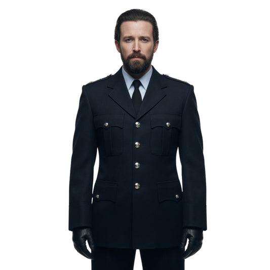 Man wearing a dark navy blue coat with silver buttons on a white background