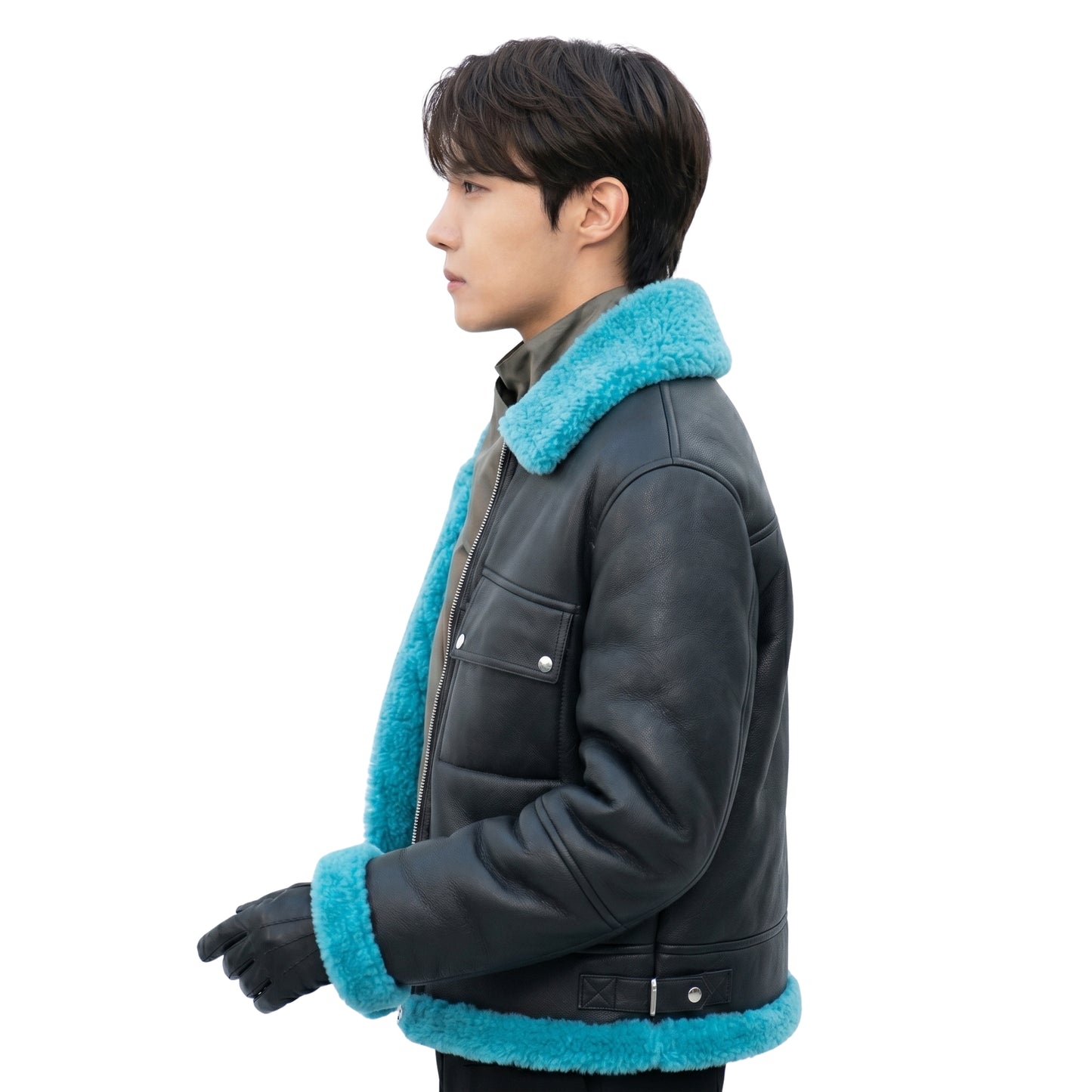 J-Hope Inspired Black and Blue Fur Leather Jacket