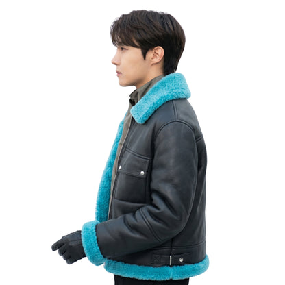 J-Hope Inspired Black and Blue Fur Leather Jacket