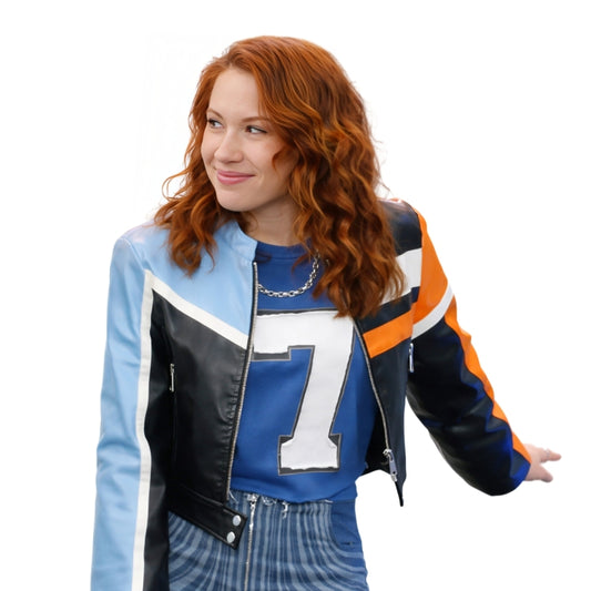 Woman wearing a colorful jacket with number 7 on a white background