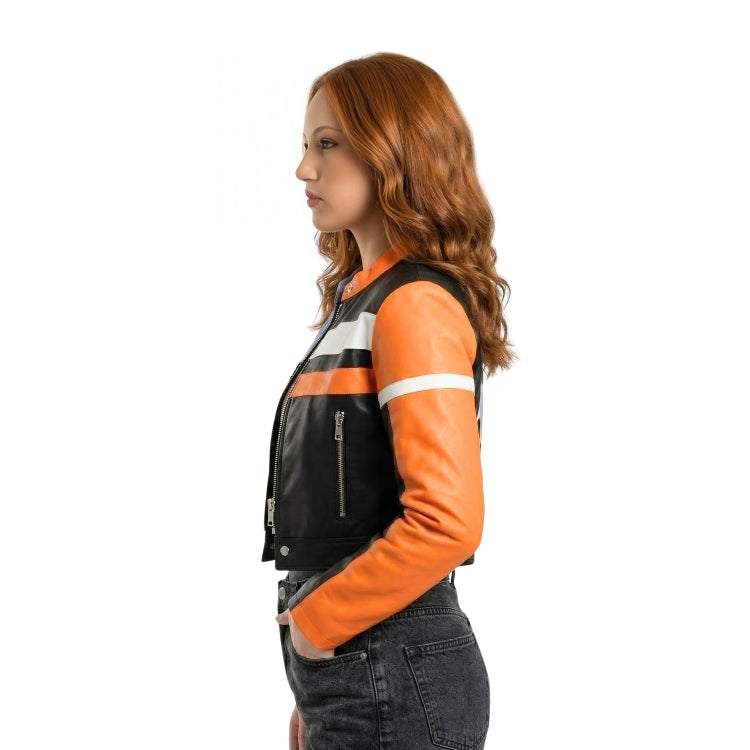 Woman wearing an orange and black leather jacket on a white background