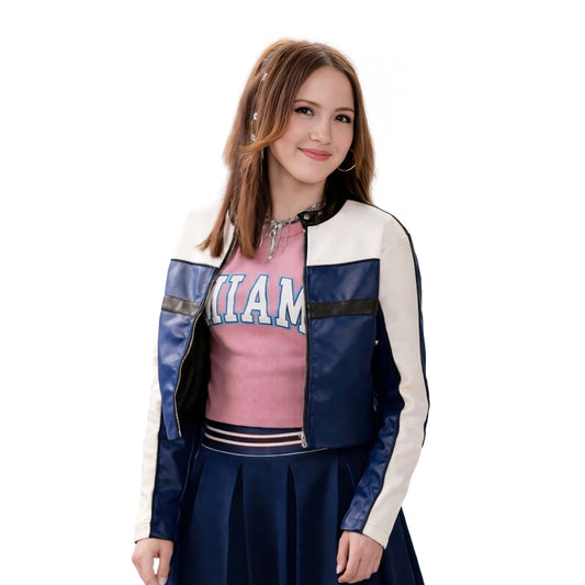 Woman wearing a blue and white jacket with 'ILLIAM' on a white background