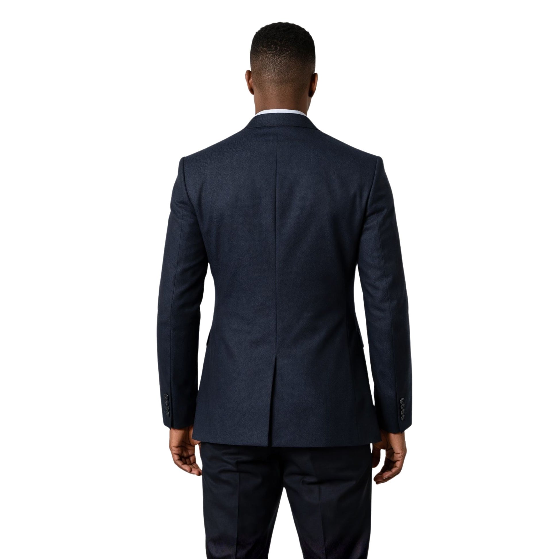 Man wearing a navy suit on a white background