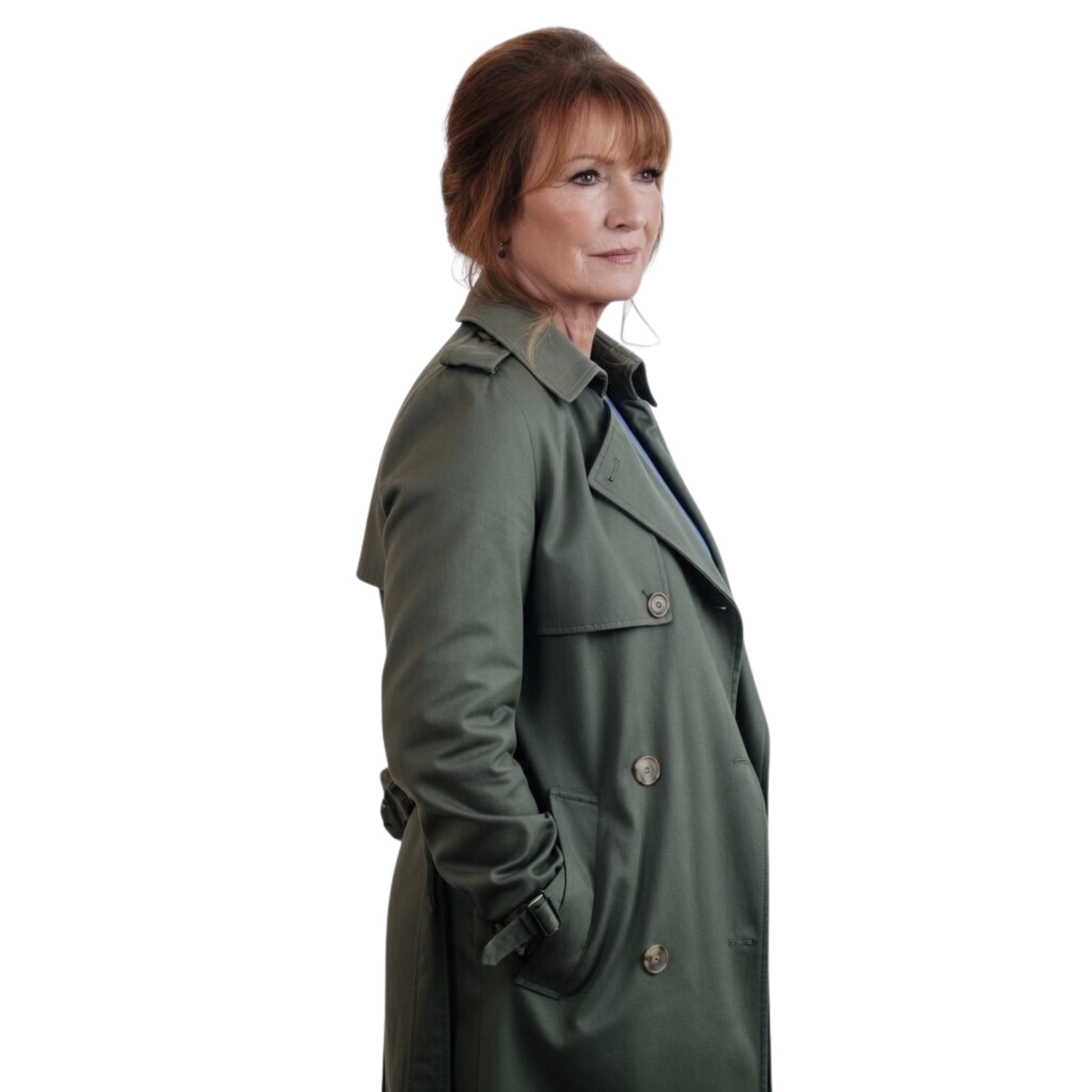 Woman wearing a green trench coat on a white background