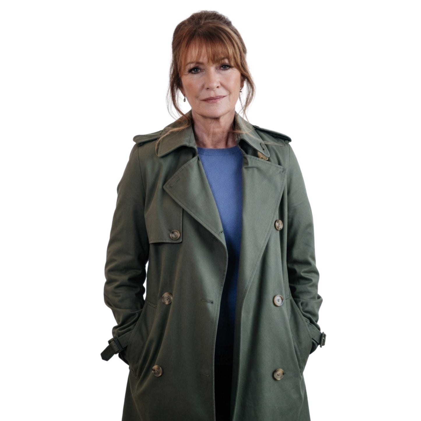 Woman wearing a green trench coat on a white background