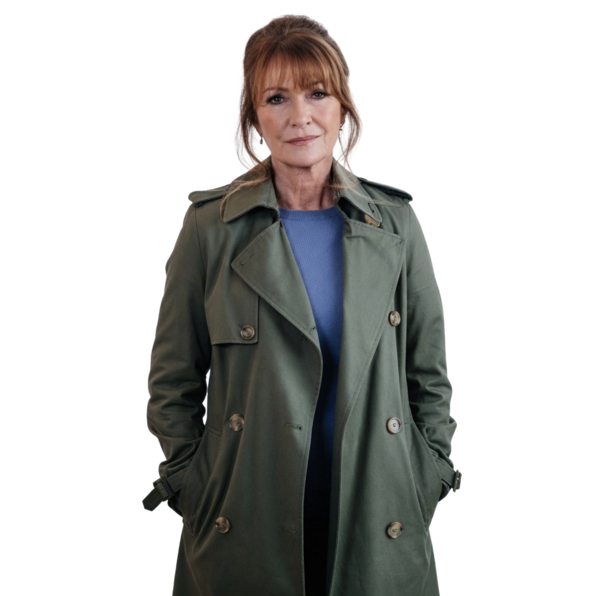 Woman wearing a green trench coat on a white background